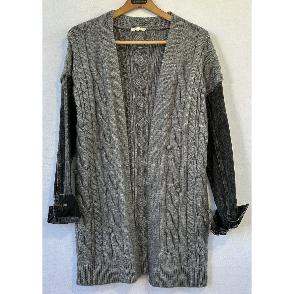 Mystree Denim Bobble Head Cardigan Long Gray Sweater BOHO Sz S